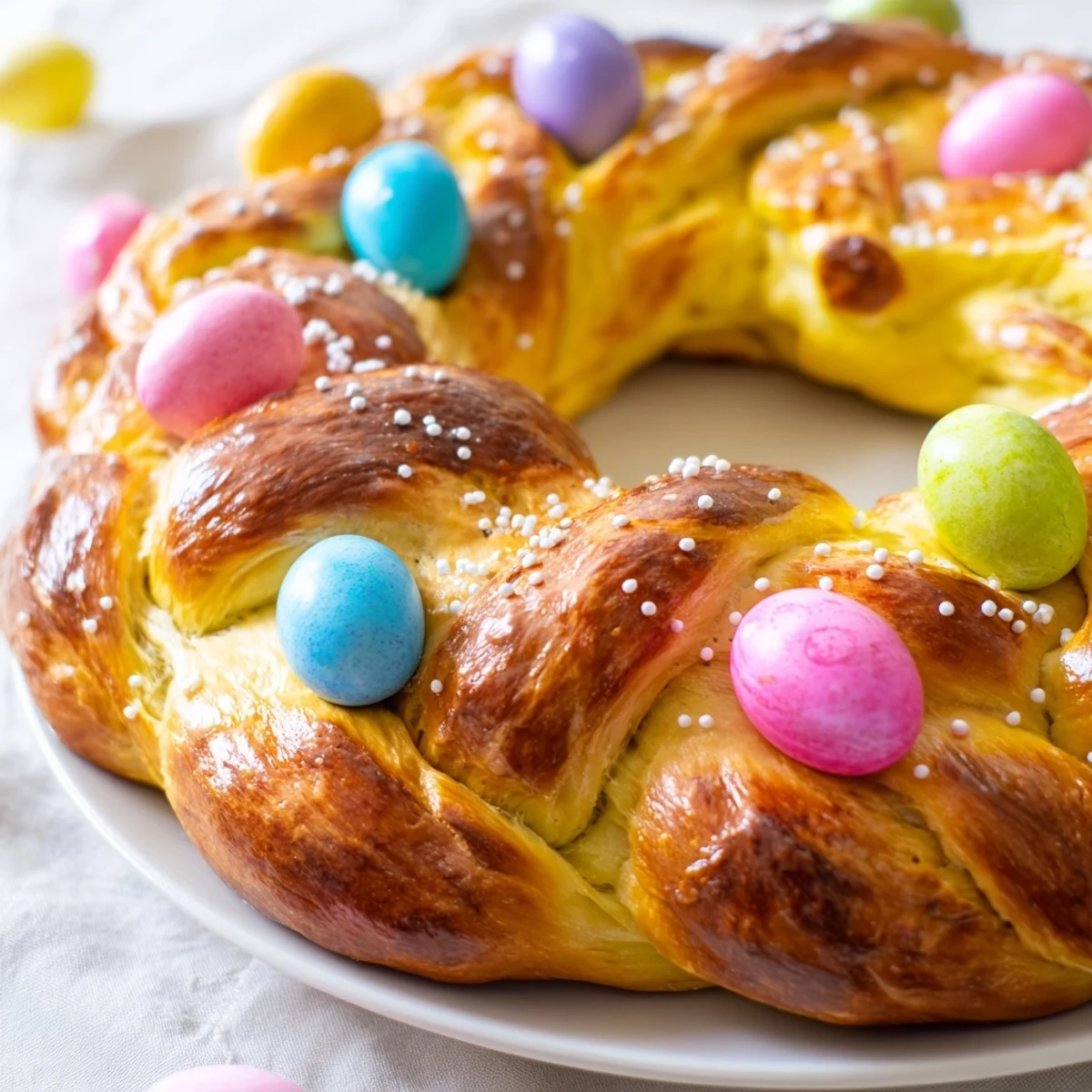 Freshly baked Easter Bread Wreath with Colored Eggs, lightly dusted with powdered sugar, served warm with butter and jam.