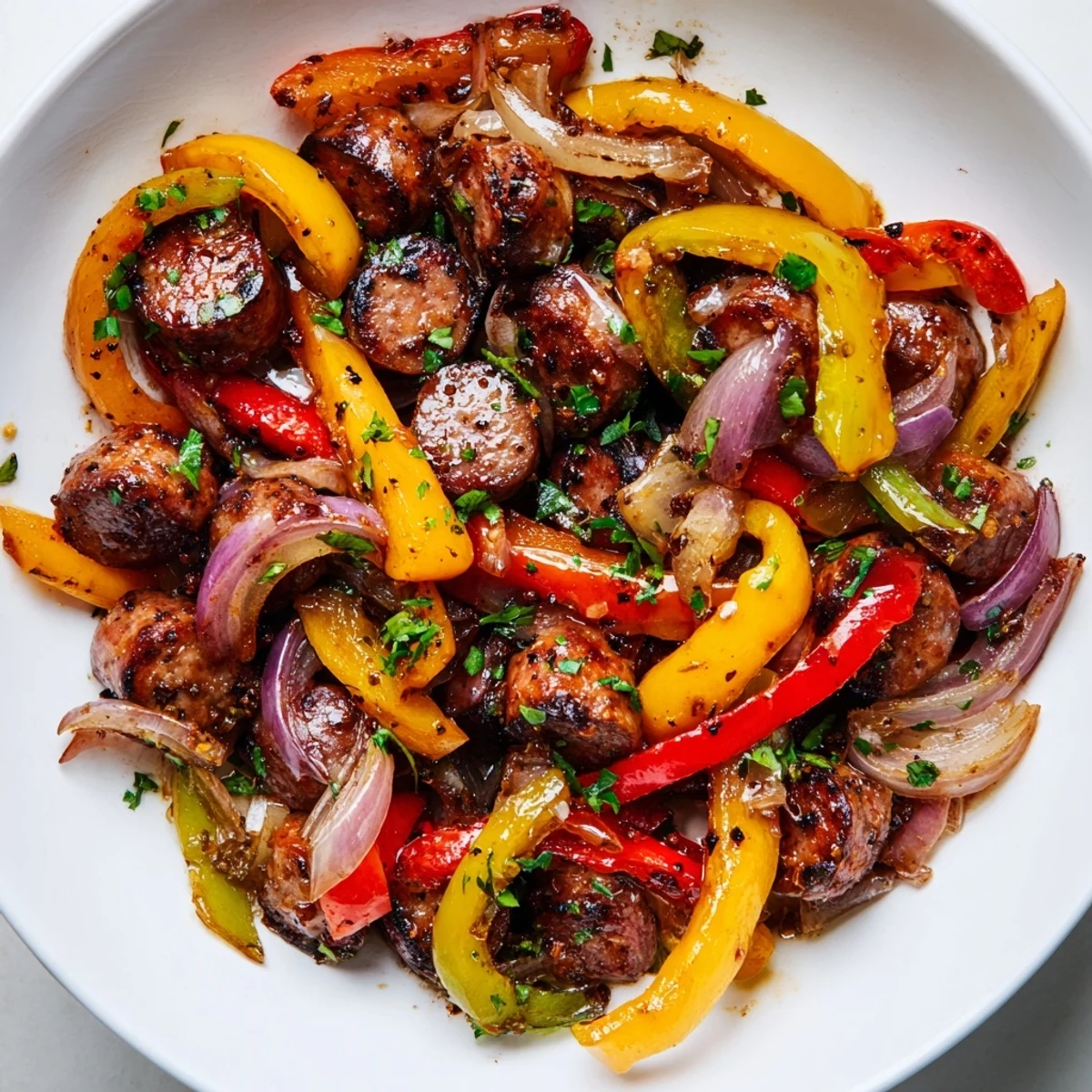 A close-up of Beef Sausage and Bell Pepper Skillet in a cast iron pan, featuring colorful sautéed peppers and onions glistening with oil.