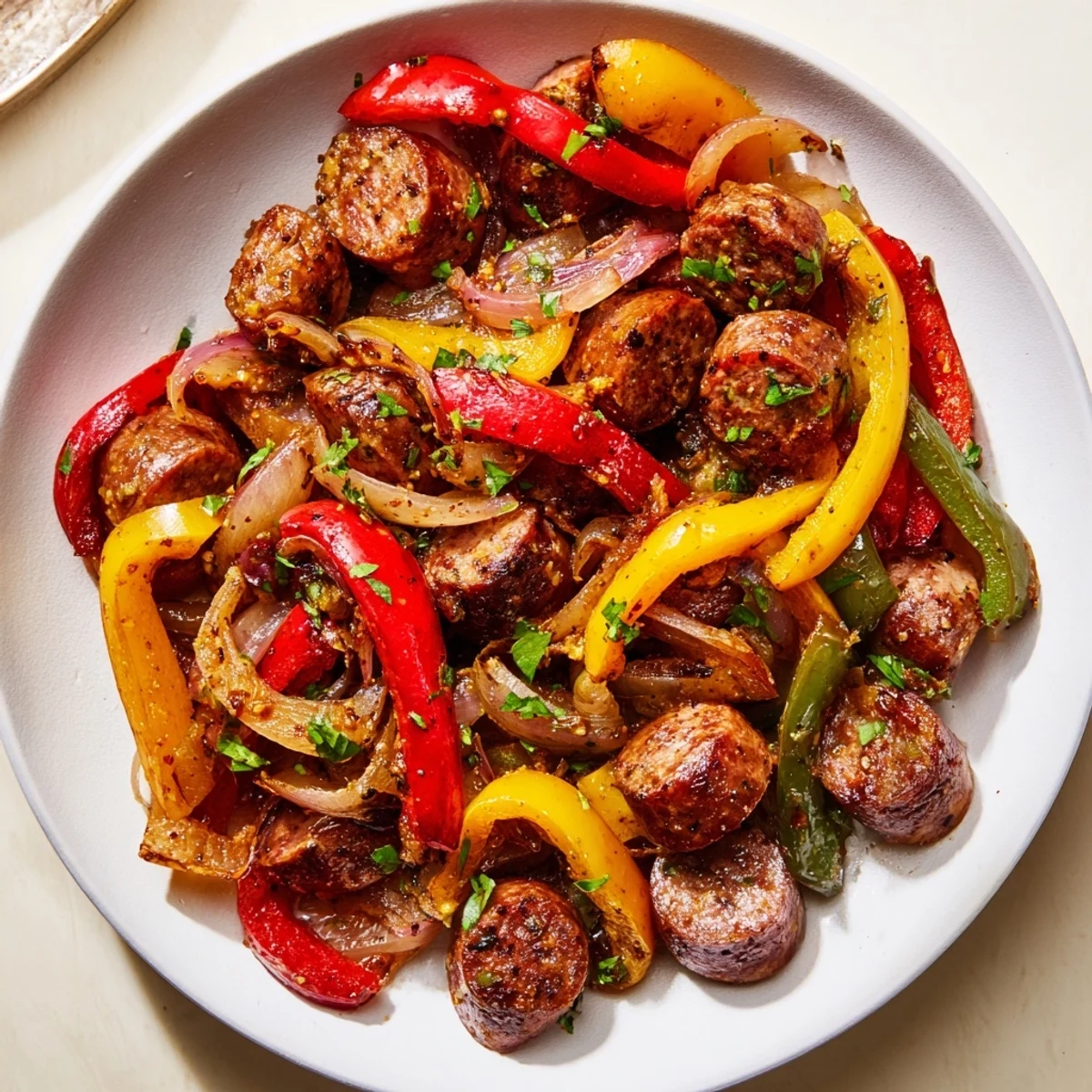 Sizzling Beef Sausage and Bell Pepper Skillet served over fluffy white rice, with fresh parsley garnish for a hearty American dinner.