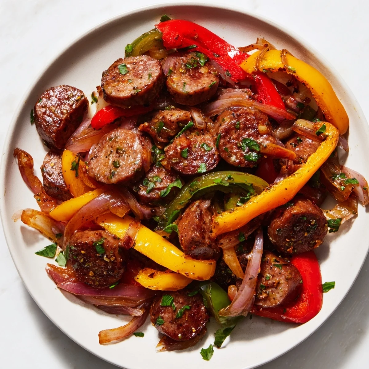 A rustic skillet meal of Beef Sausage and Bell Pepper Skillet on a wooden table, showing juicy beef sausage slices and caramelized vegetables.
