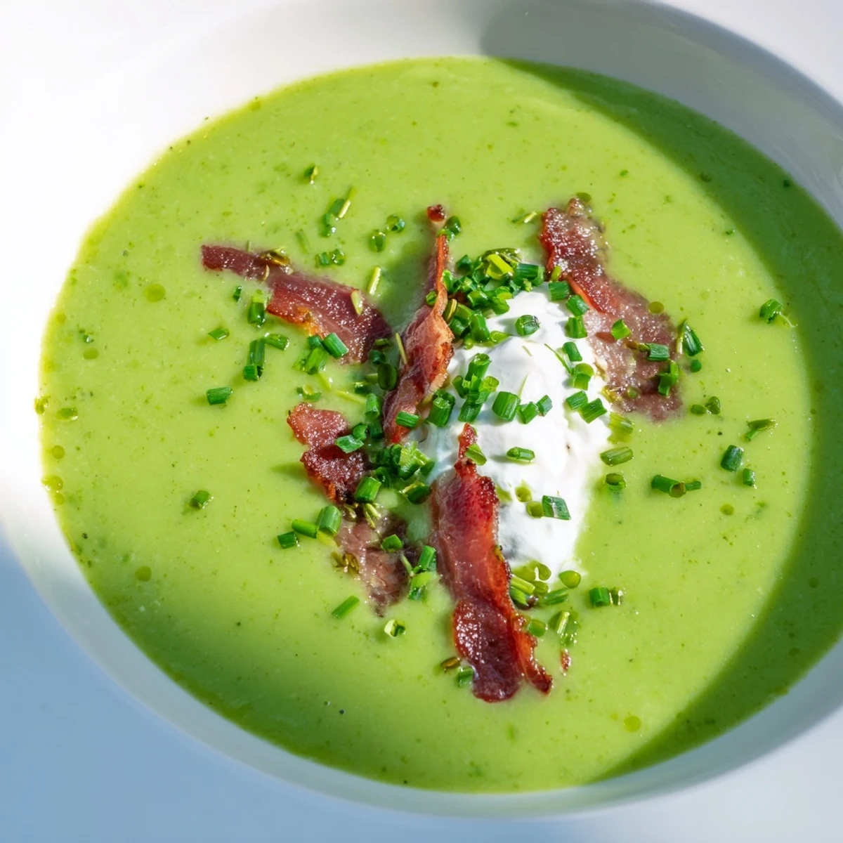 Creamy green Spring Pea Soup with a swirl of crème fraîche and savory, crunchy turkey bacon garnish.