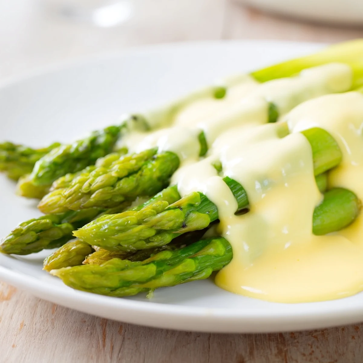 Elegant Roasted asparagus with Hollandaise sauce for a springtime meal on a dinner table.