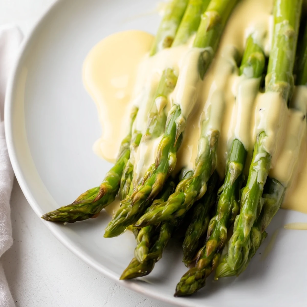 Roasted asparagus with Hollandaise sauce drizzled over tender spears, garnished with fresh chives.