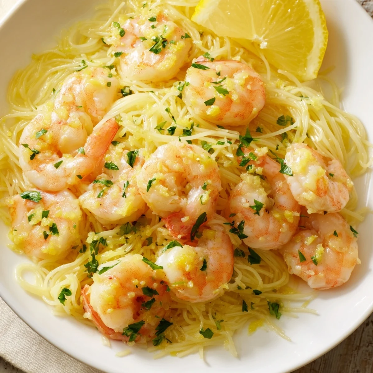 Golden seared shrimp in a glossy lemon garlic butter sauce tossed with delicate angel hair pasta on a rustic plate.