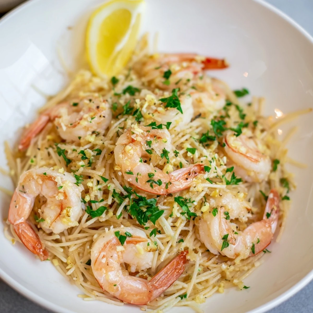 Overhead view of plated Lemon Garlic Butter Shrimp with Angel Hair, featuring vibrant garlic bits and buttery lemon sauce.