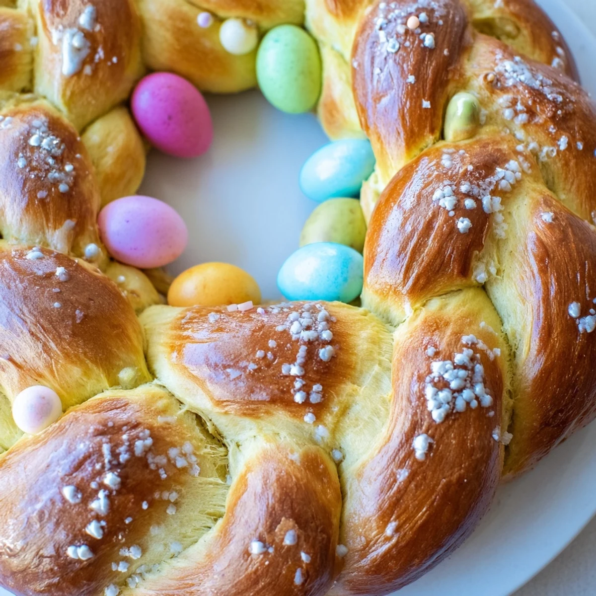 Festive Easter Bread Wreath with Colored Eggs on a linen tablecloth, perfect for a spring brunch spread.