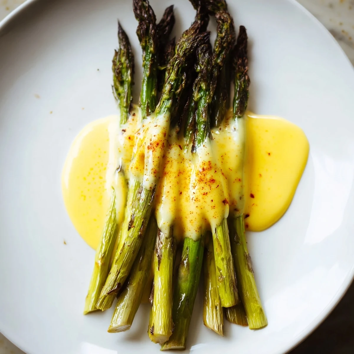 Bright green Roasted Asparagus with Hollandaise Sauce rests on a white plate, garnished with fresh lemon slices.