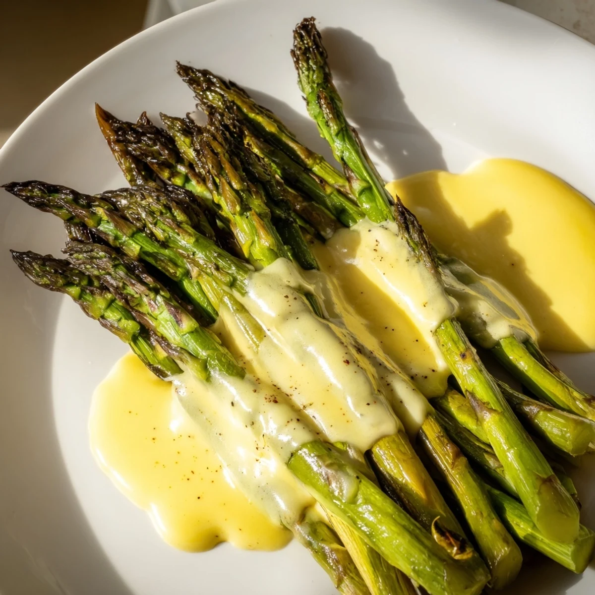 Roasted Asparagus with Hollandaise Sauce features tender, caramelized green spears drizzled with creamy, rich sauce.