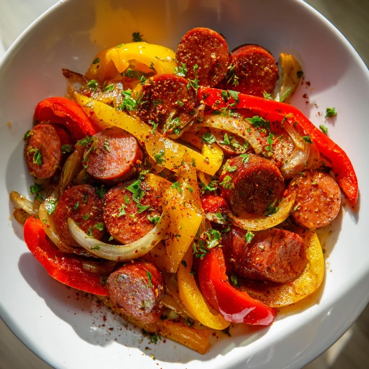 Sizzling beef sausage and bell pepper skillet with colorful veggies in a hot pan. 