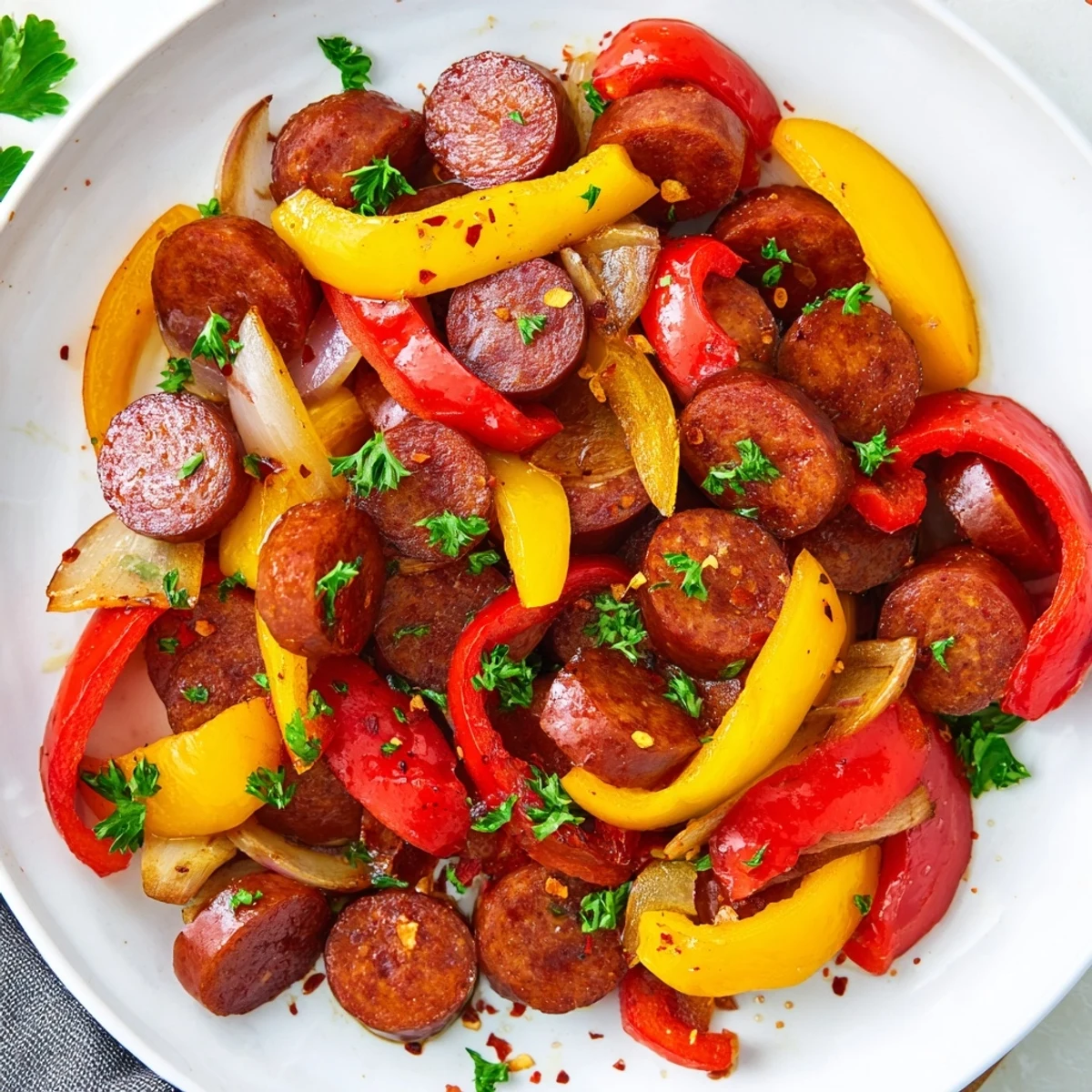 Golden brown beef sausage and sweet bell peppers in a savory one-pan dinner. 