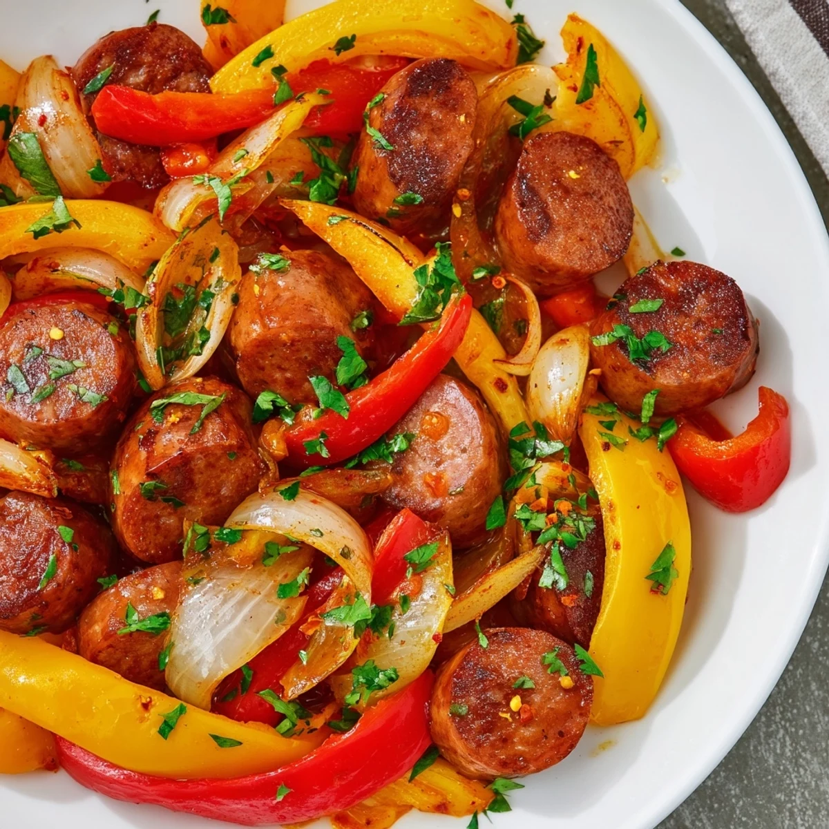 Hot skillet of beef sausage, peppers, and onions ready to serve for family.