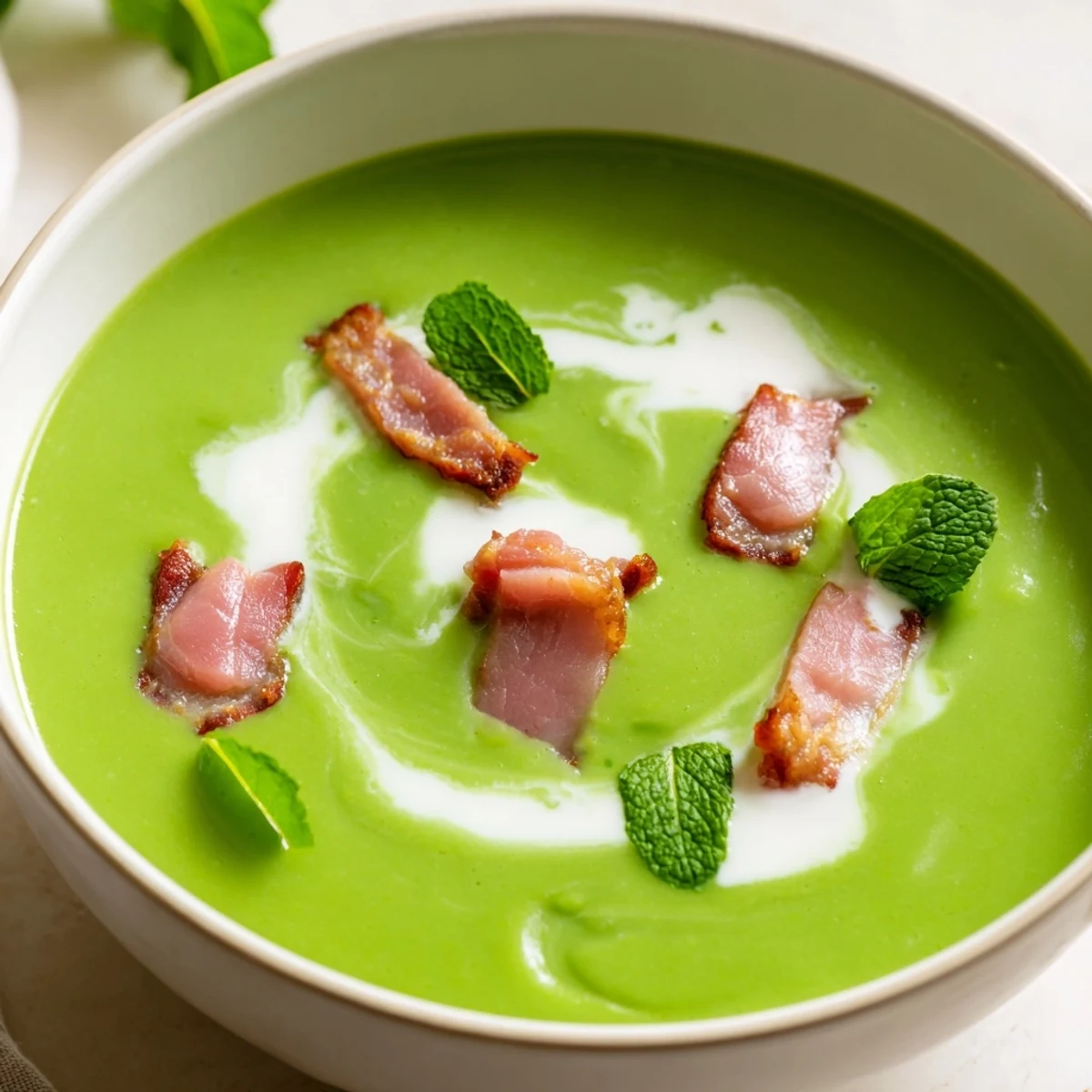 Spring Pea Soup with Crispy Turkey Bacon garnished with fresh mint and a cream swirl in a white bowl.