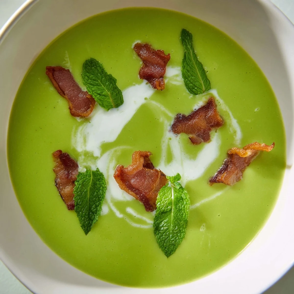 A close up of Spring Pea Soup with Crispy Turkey Bacon highlighting the vibrant green puree and crispy bacon bits.