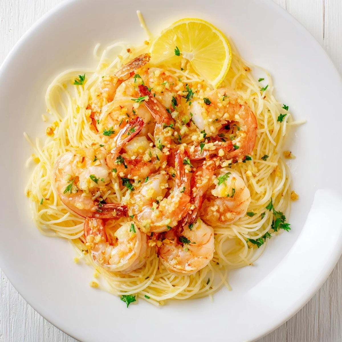 Delicate angel hair pasta coated in a glossy lemon garlic butter sauce, topped with succulent pink shrimp and fresh parsley.
