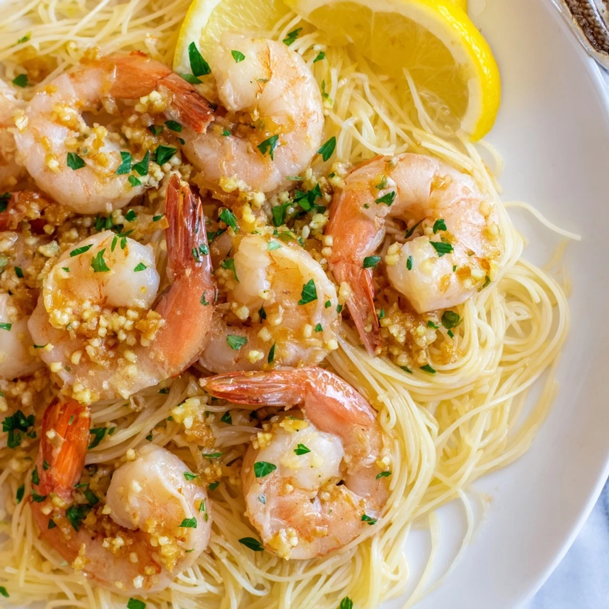 A close-up of Lemon Garlic Butter Shrimp with Angel Hair, showcasing tender shrimp and glistening butter on the noodles.