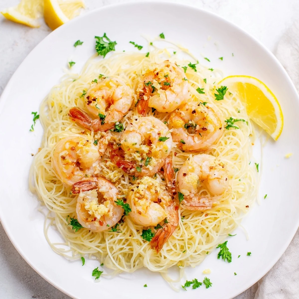 Savory Lemon Garlic Butter Shrimp with Angel Hair served in a white bowl with lemon wedges and a sprinkle of herbs.