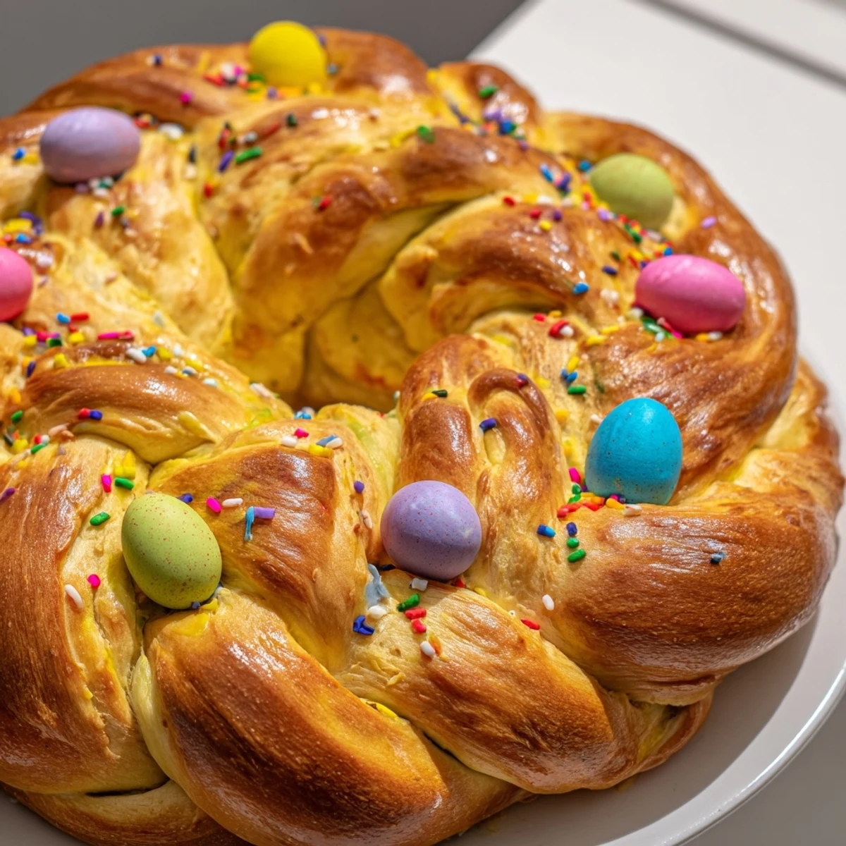 Freshly baked Easter Bread with colored eggs nestled in a golden braided loaf, ready for a festive spring celebration.