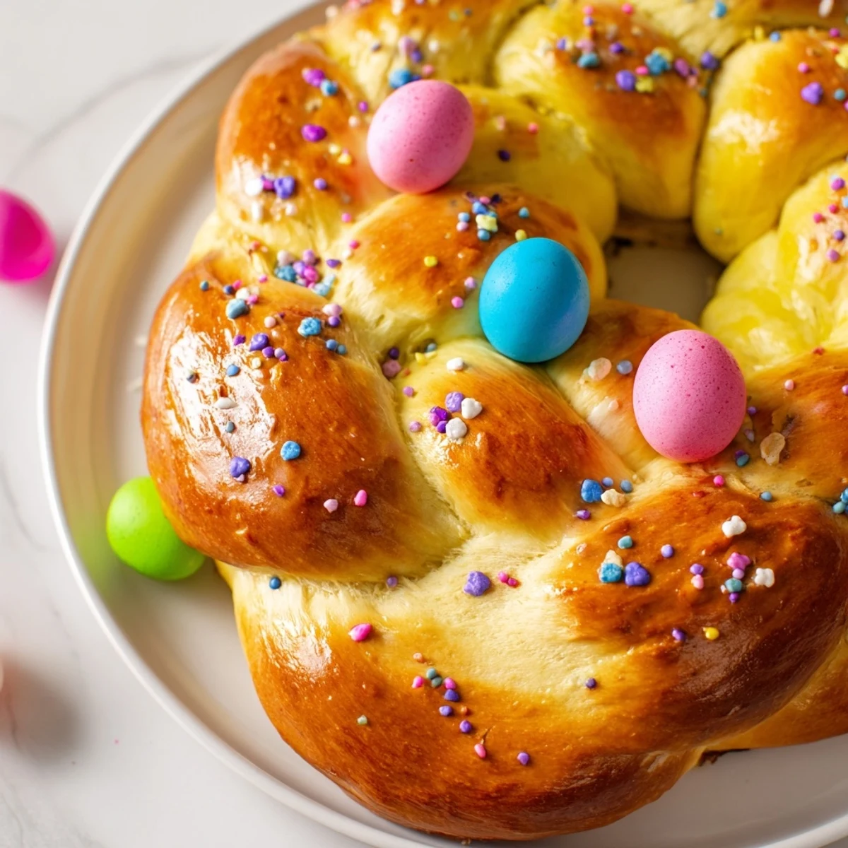 Golden-brown Easter Bread with dyed eggs on a wooden board, served with butter and jam for a holiday treat.