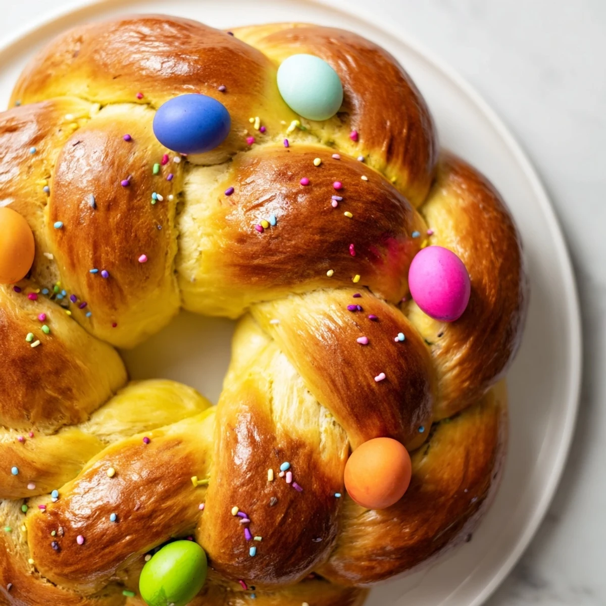 Close-up of Easter Bread with colored eggs, showcasing a soft brioche texture and vibrant sprinkles on top.