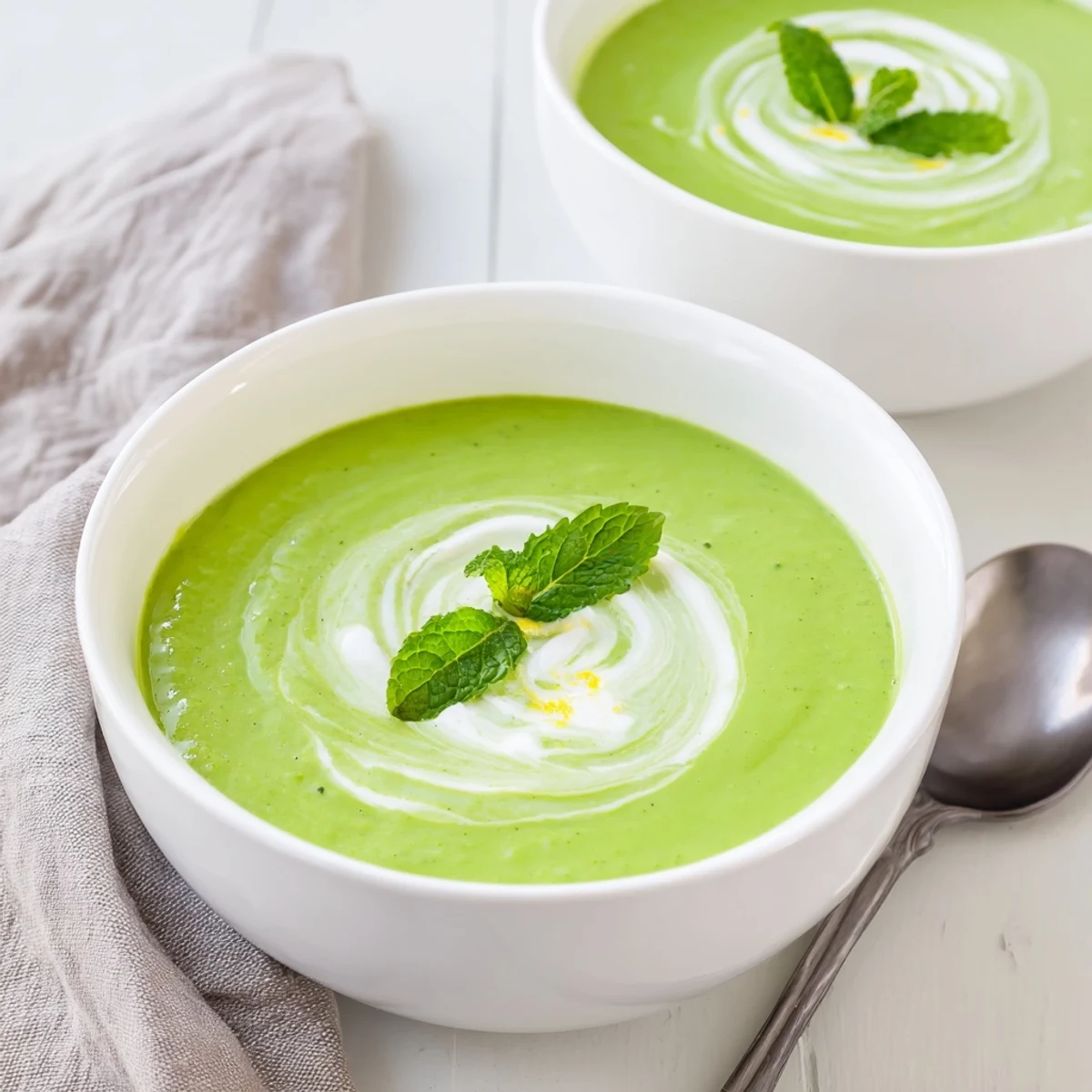 Spring Pea Soup with Mint and Crème Fraîche in a rustic white bowl, vibrant green with a lemony aroma.  