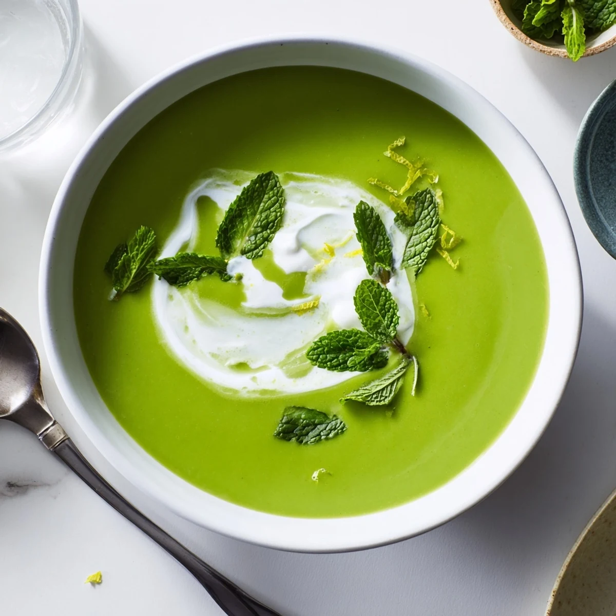 A bowl of Spring Pea Soup with Mint and Crème Fraîche garnished with fresh mint and a creamy swirl, served steaming hot.  