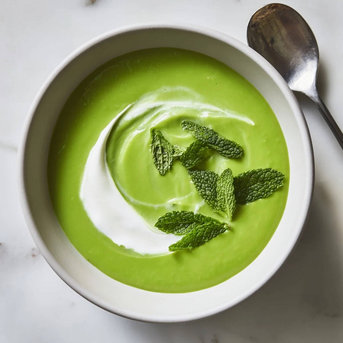 Spring Pea Soup with Mint and Crème Fraîche ladled into a soup bowl, garnished with fresh mint and a dollop of crème fraîche.