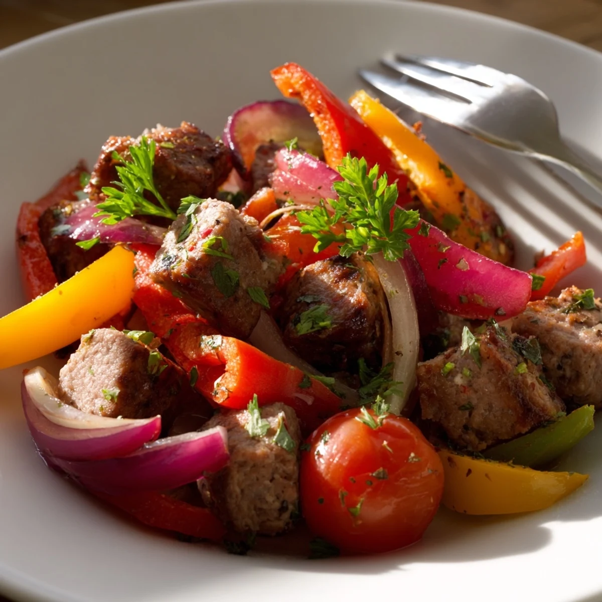 A close-up of the Beef Sausage and Pepper Skillet showcases golden-brown beef sausage slices nestled among vibrant sautéed red, yellow, and green bell peppers and onions.