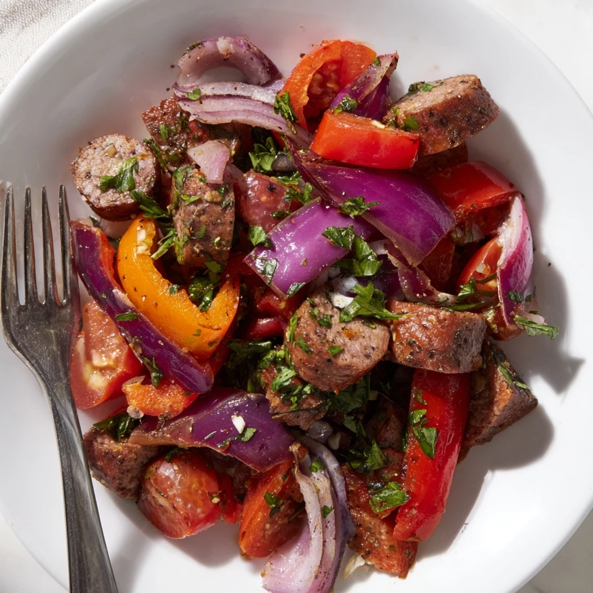The hearty Beef Sausage and Pepper Skillet features tender meat and caramelized vegetables simmered in a savory tomato sauce, garnished with fresh chopped parsley.