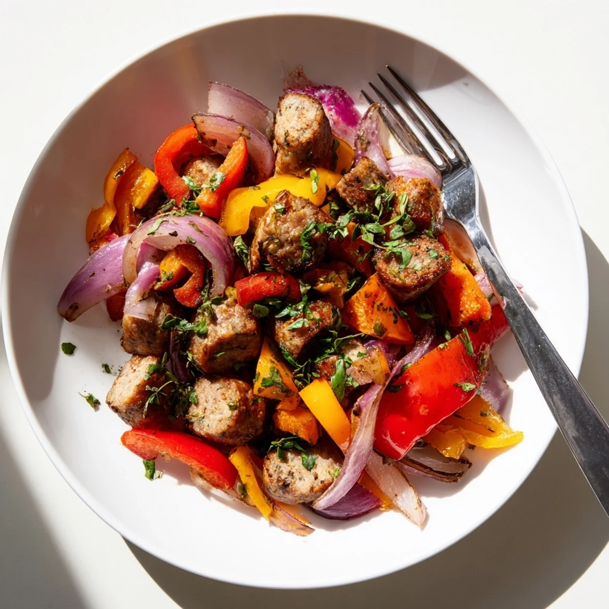 In this savory Beef Sausage and Pepper Skillet, juicy beef sausages are paired with sweet peppers and onions, perfect served over creamy mashed potatoes.