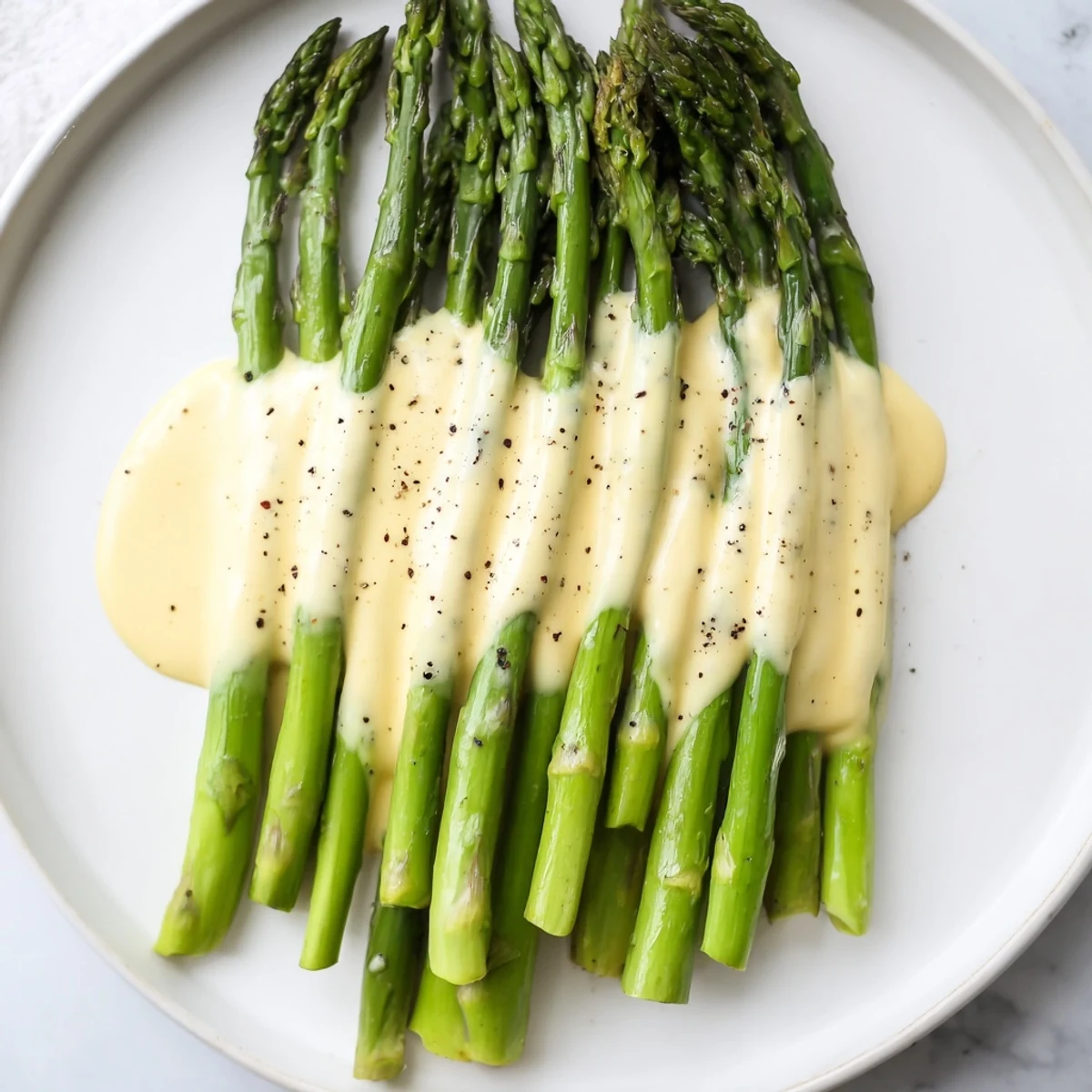 Golden roasted asparagus with Hollandaise sauce drizzled over tender green spears on a white plate.