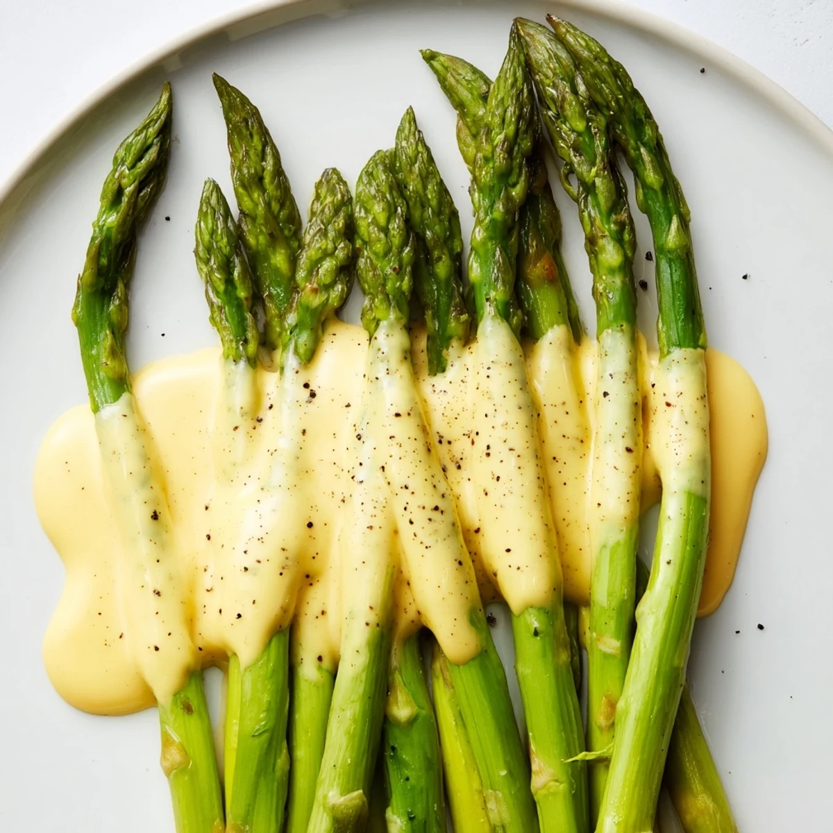 A close-up of Roasted asparagus with Hollandaise sauce, the creamy sauce clinging to each spear.