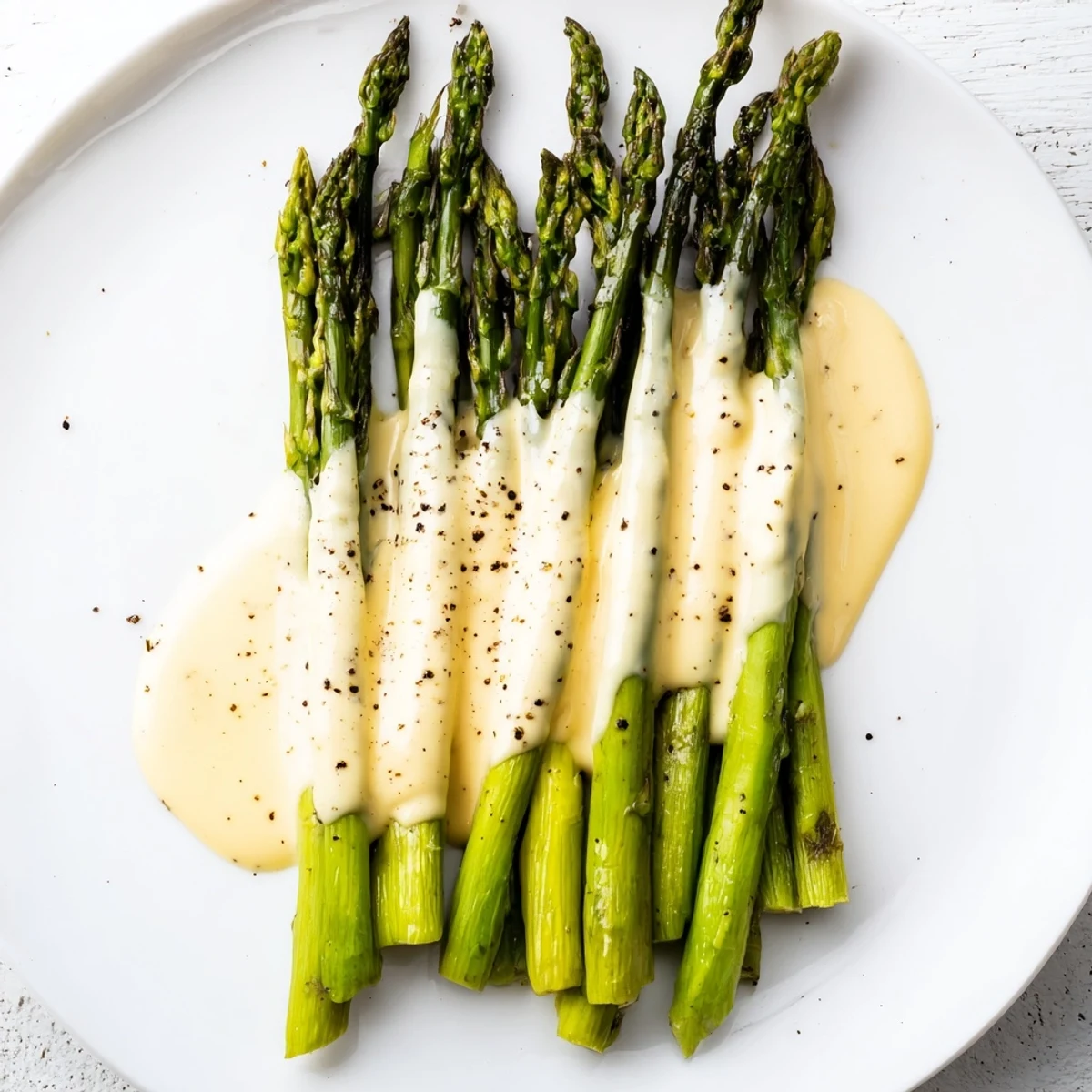 Roasted asparagus with Hollandaise sauce paired with poached eggs on a rustic brunch table.