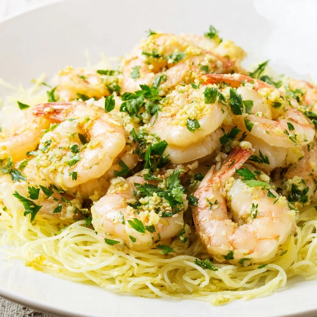 Freshly cooked Lemon Garlic Butter Shrimp with Angel Hair Pasta glistens with butter, garnished with parsley and lemon wedges.