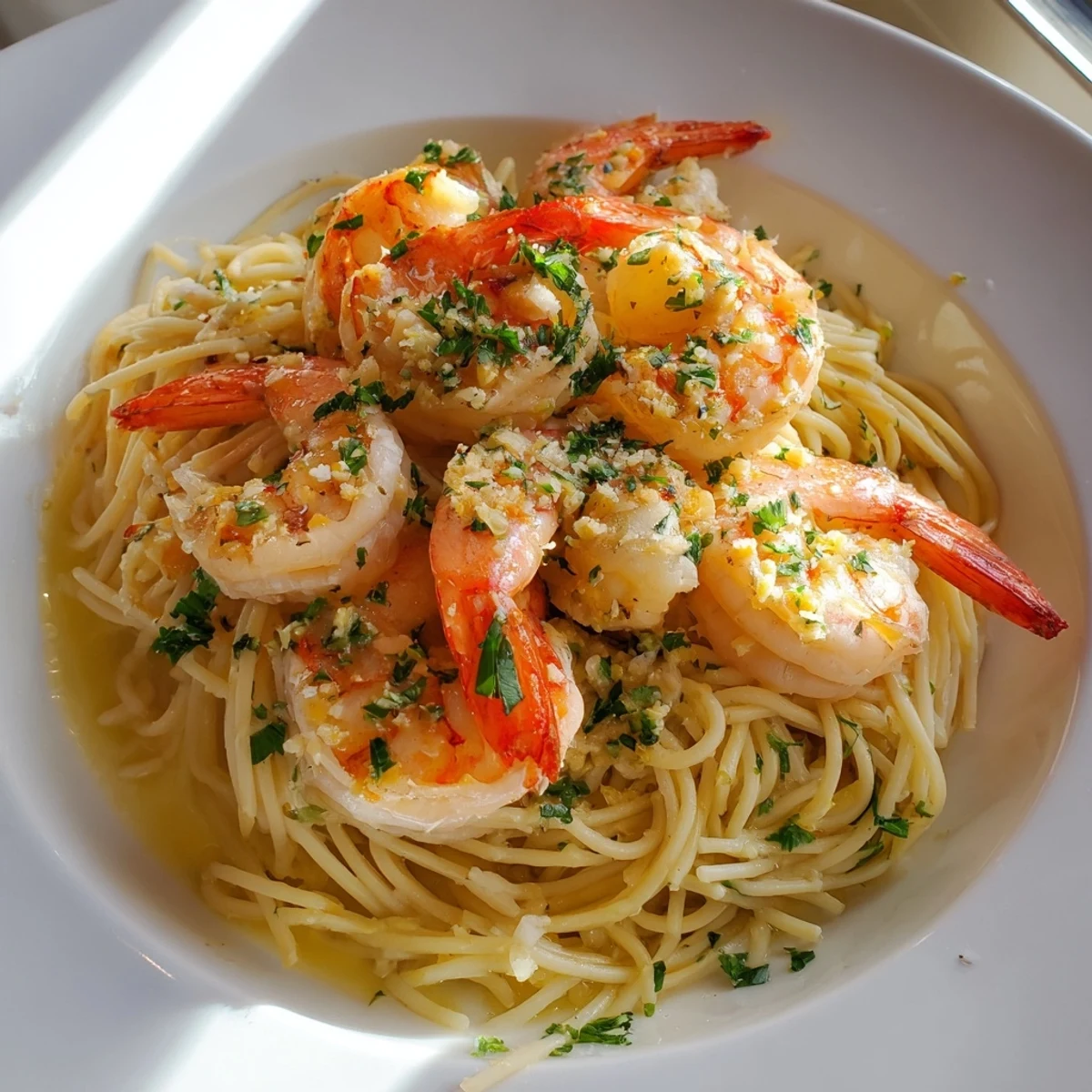 A close-up of Lemon Garlic Butter Shrimp with Angel Hair Pasta, sautéed in a bright lemon-garlic butter sauce.