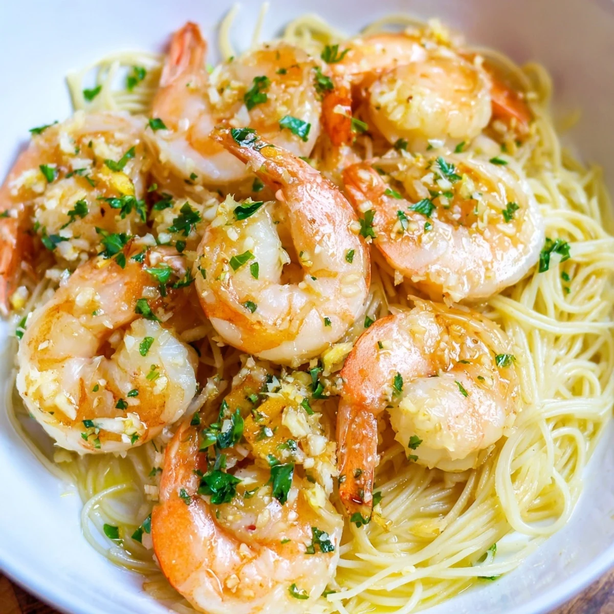 In a white bowl, Lemon Garlic Butter Shrimp with Angel Hair Pasta is served with steamed vegetables and white wine.