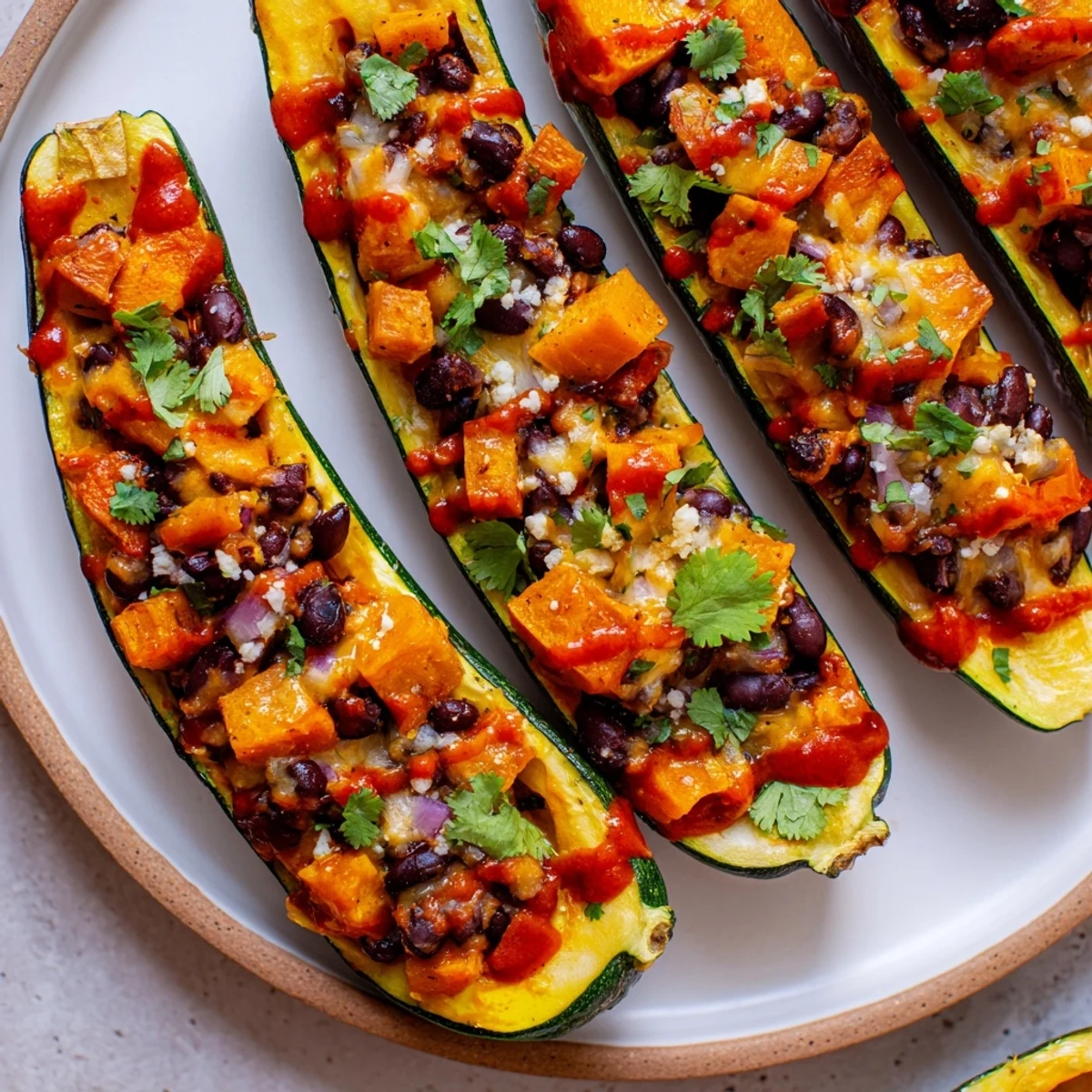 Golden roasted Black Bean and Butternut Squash Enchilada Boats resting on a white plate with fresh cilantro.