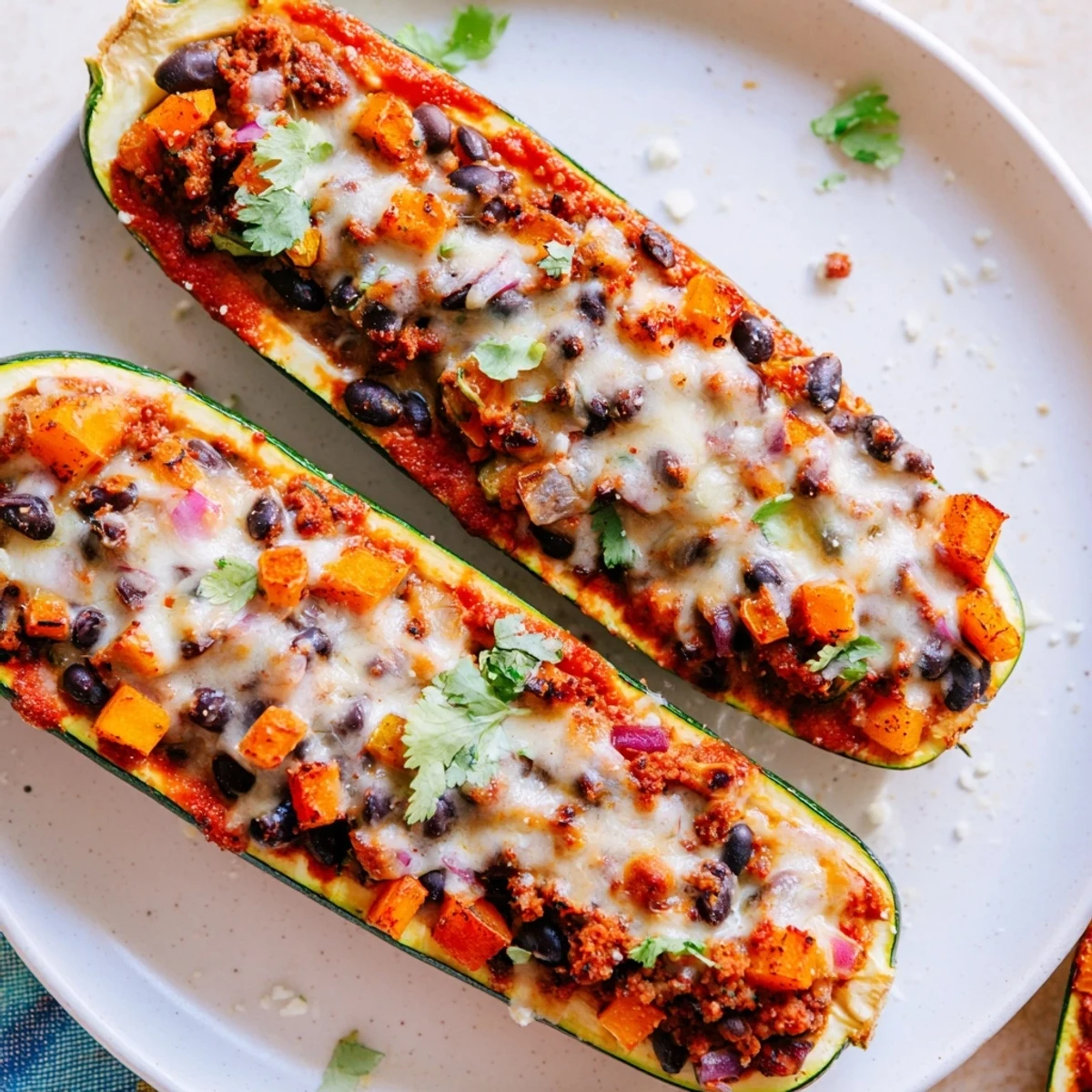 A close-up view shows melted cheese and zesty red sauce drizzled over the vegetarian Black Bean and Butternut Squash Enchilada Boats.