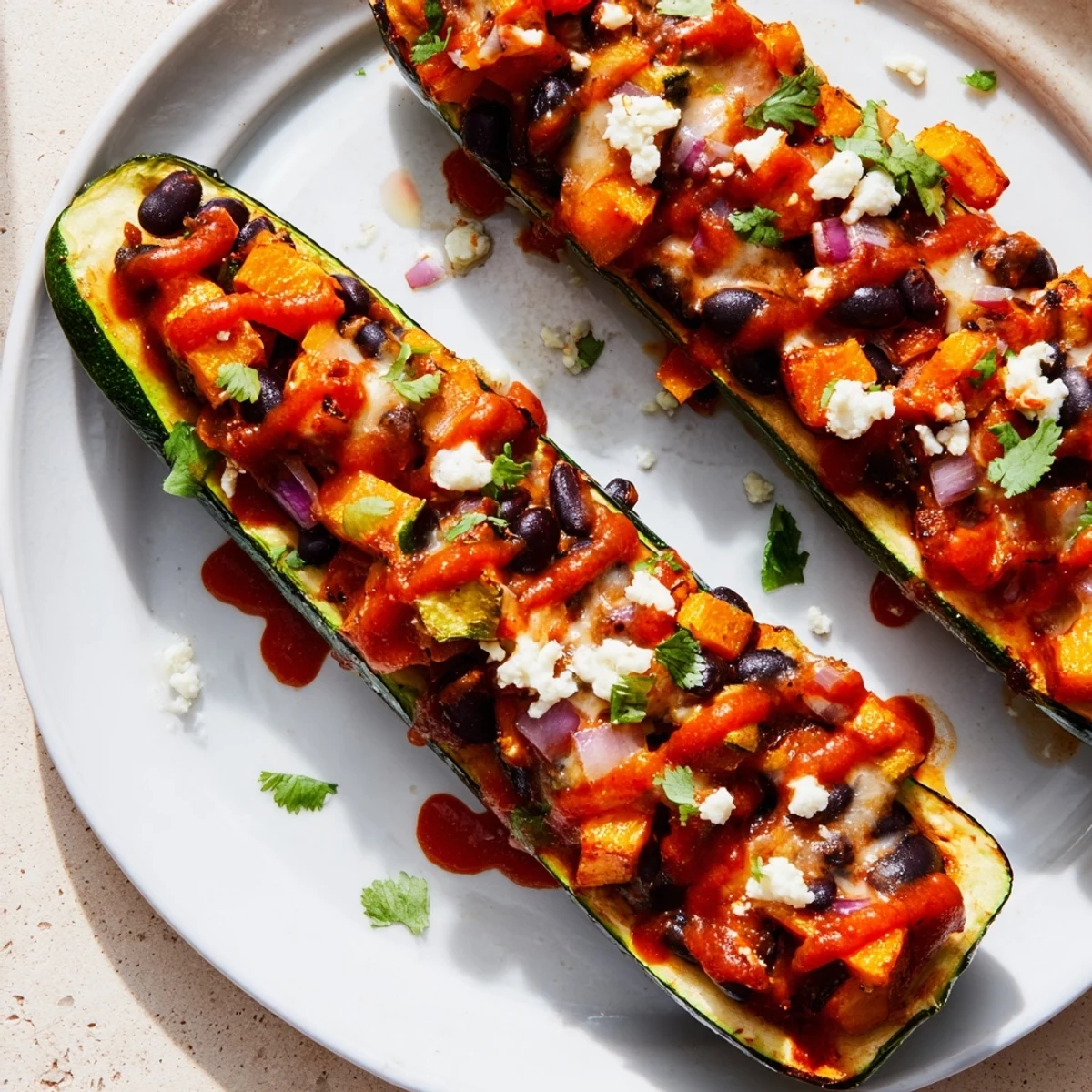 Freshly baked Black Bean and Butternut Squash Enchilada Boats garnished with sliced avocado and lime wedges for a zesty finish.