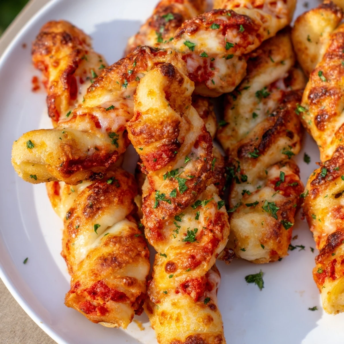 Golden, crispy Crispy Air Fryer Pizza Cheese Bread Twists with melted mozzarella and Parmesan, served warm with a side of marinara for dipping.