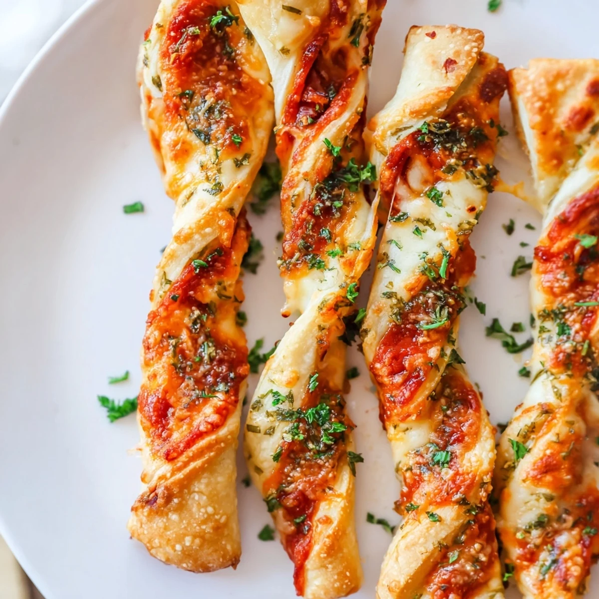 Freshly air-fried Crispy Air Fryer Pizza Cheese Bread Twists brushed with garlic butter, garnished with parsley, and stacked on a plate for sharing.