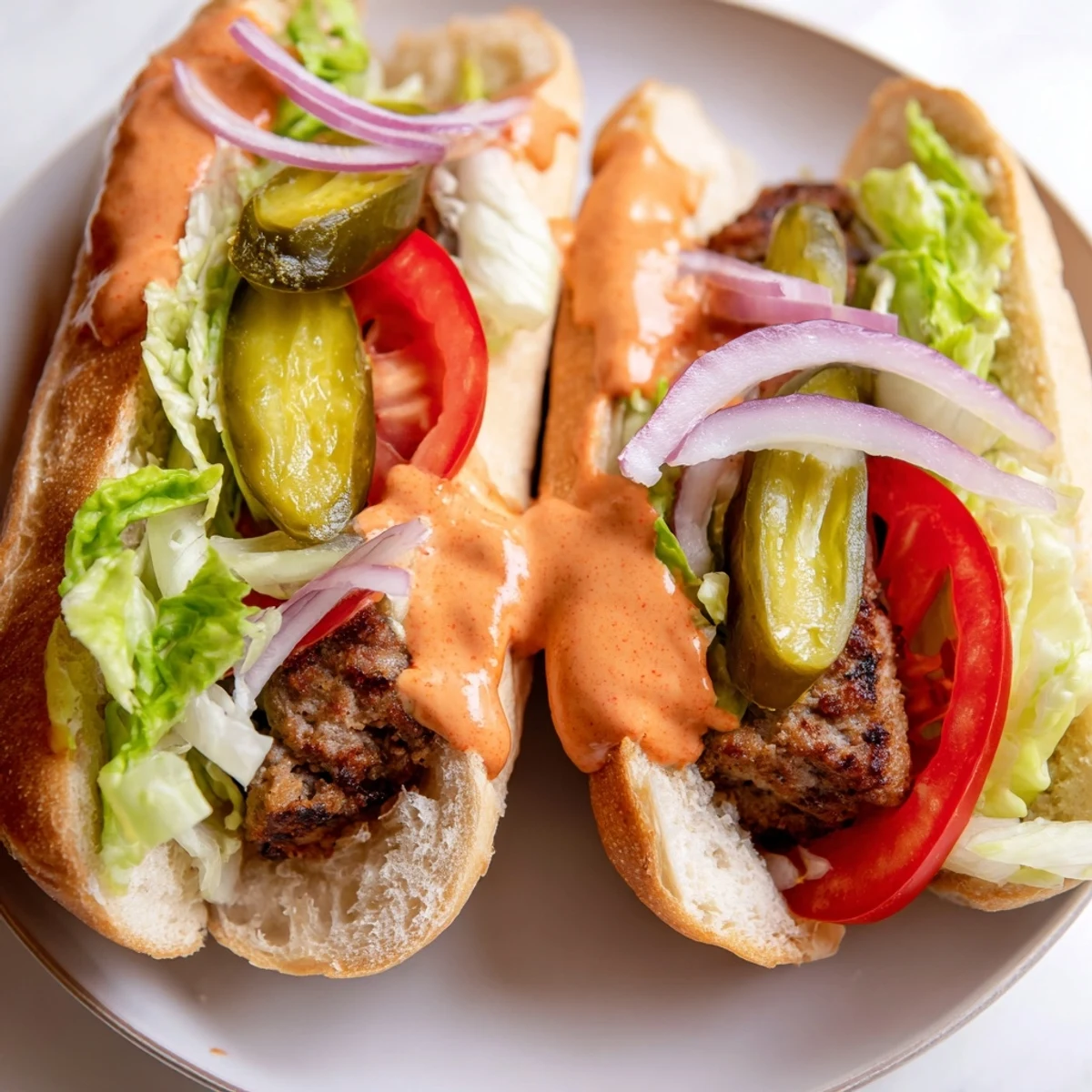 A close-up of Cajun beef sausage po boy sandwiches with tangy pickles, red onions, and creamy remoulade.