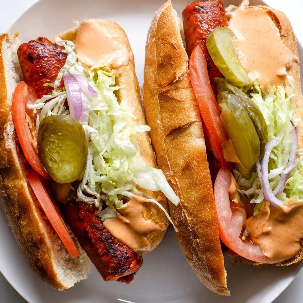 Sizzling grilled Cajun beef sausage po boy sandwiches served hot, garnished with fresh lettuce and Creole remoulade.