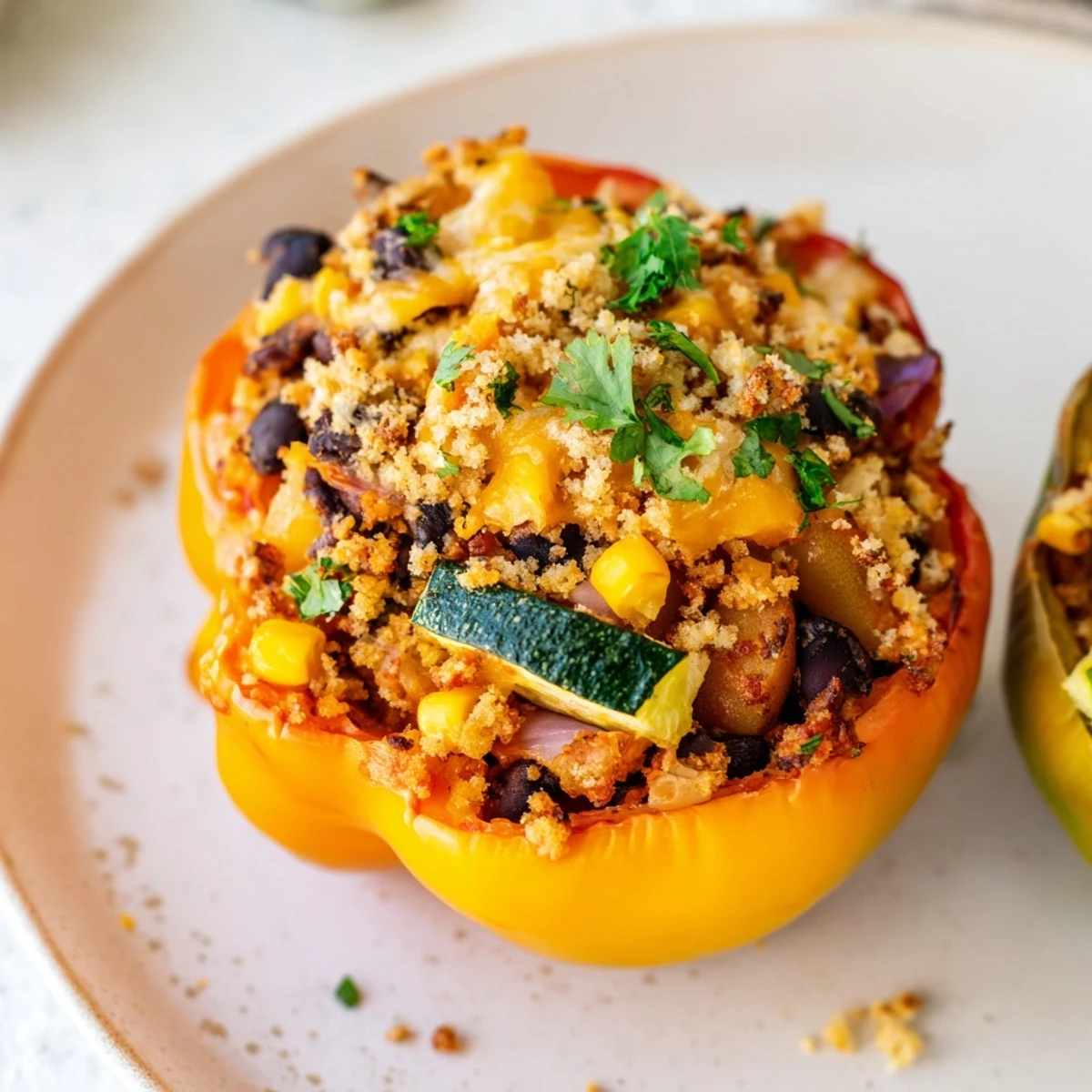Golden-brown Cajun Potato Stuffed Bell Peppers are garnished with fresh parsley on a rustic plate.
