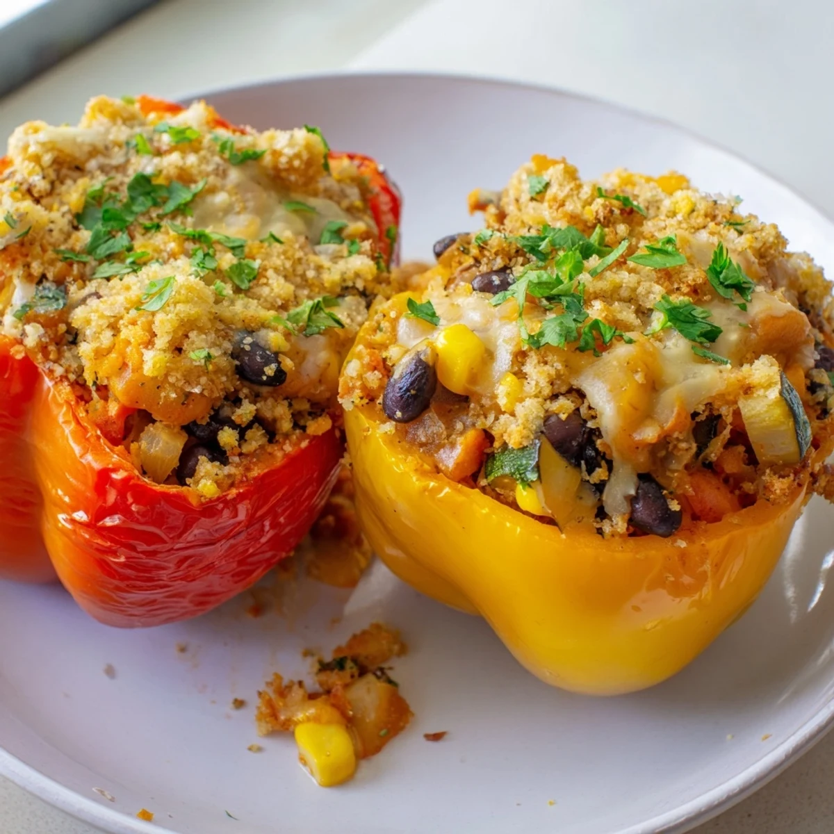 Cajun Potato Stuffed Bell Peppers sit beside a crisp salad and cornbread for a hearty meal.