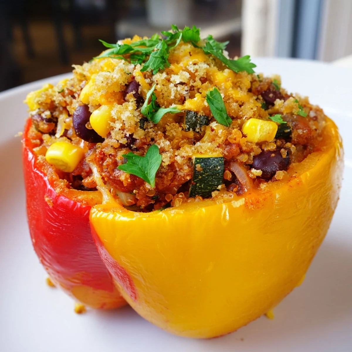 Close-up of Cajun Potato Stuffed Bell Peppers showing melted cheese and a zesty potato filling.