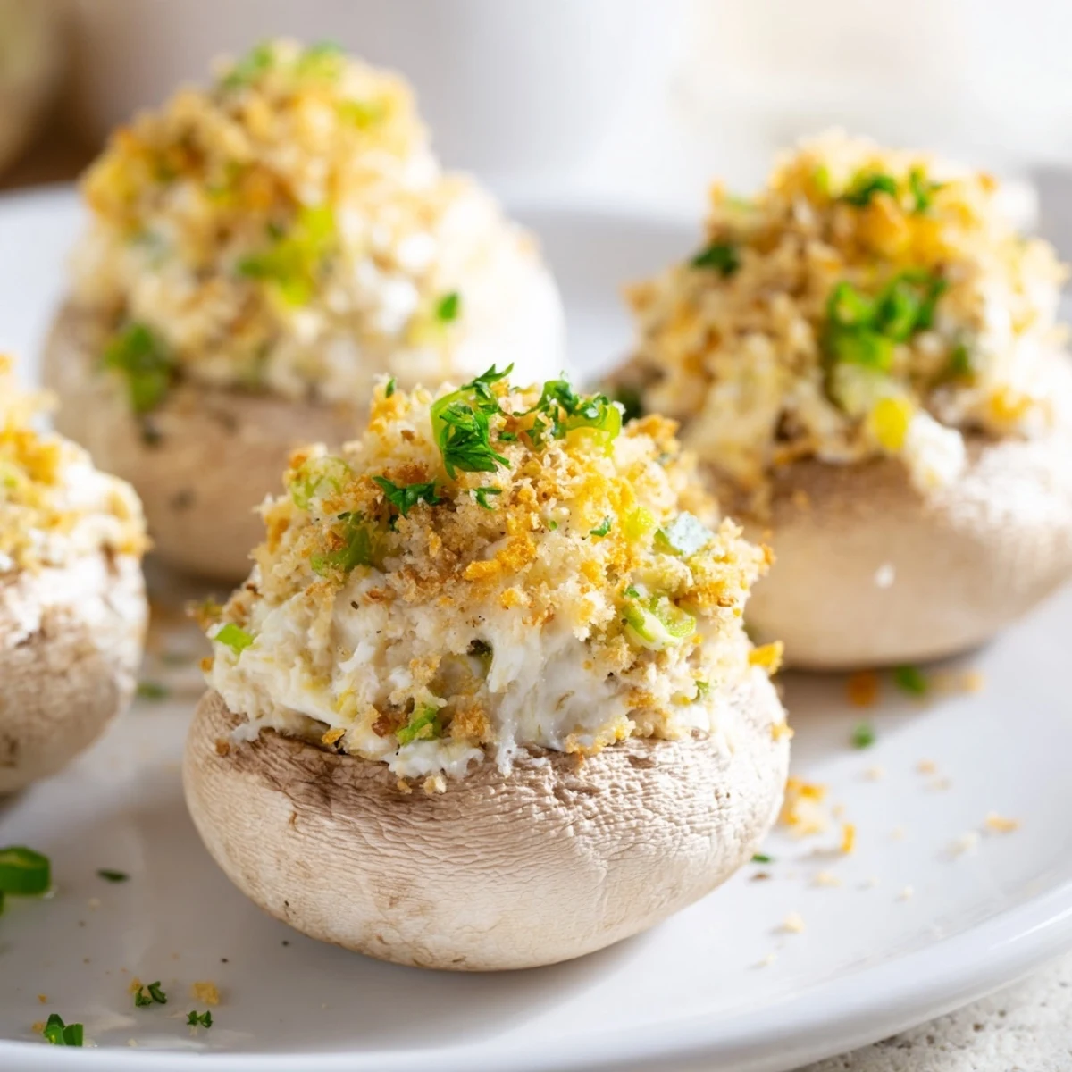 Golden-brown Mozzarella Popper Stuffed Mushrooms with melted cheddar and spices on a baking sheet.  