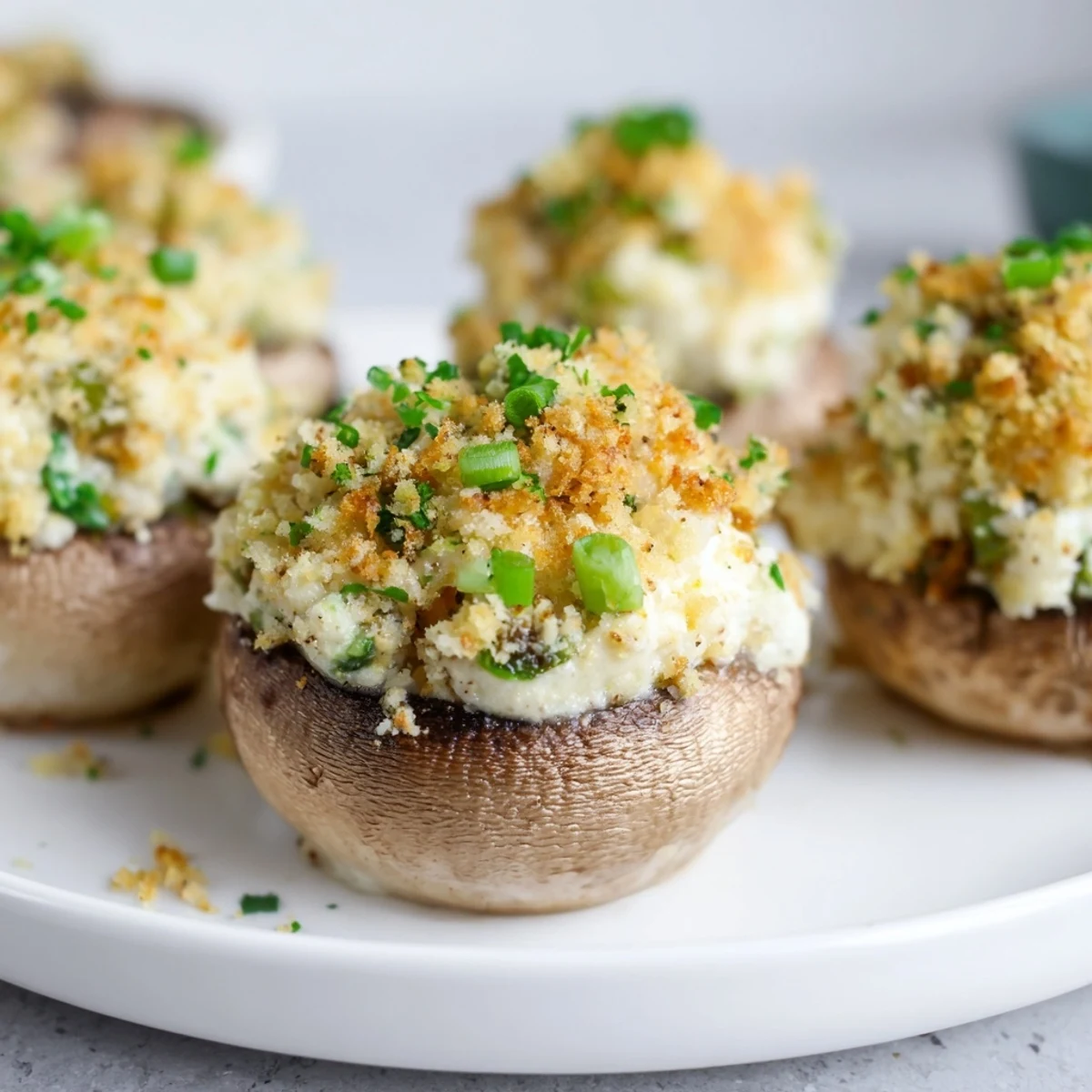A close-up of Mozzarella Popper Stuffed Mushrooms with bubbly cheese filling and fresh parsley garnish.  