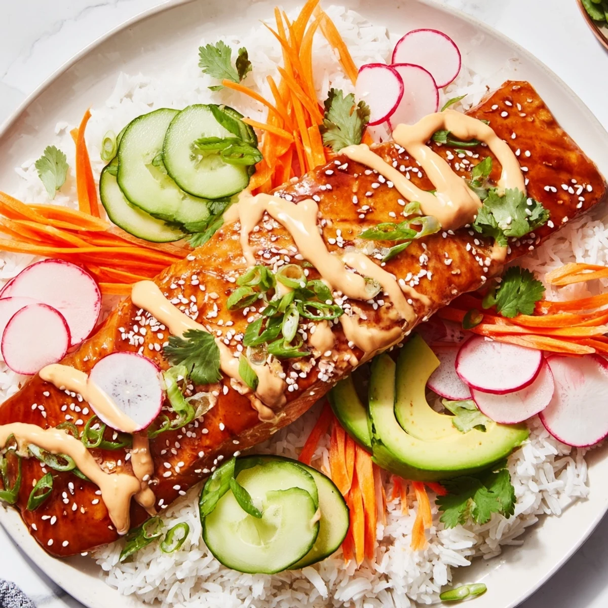 A close-up of Teriyaki Salmon Rice Taco Bowls with Pickled Veggies, avocado slices, and fresh cilantro garnish.