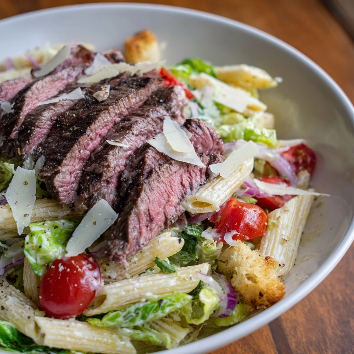 Juicy grilled steak slices glisten atop a vibrant pasta salad featuring crisp romaine and creamy Caesar dressing in this flavorful steak caesar pasta salad.