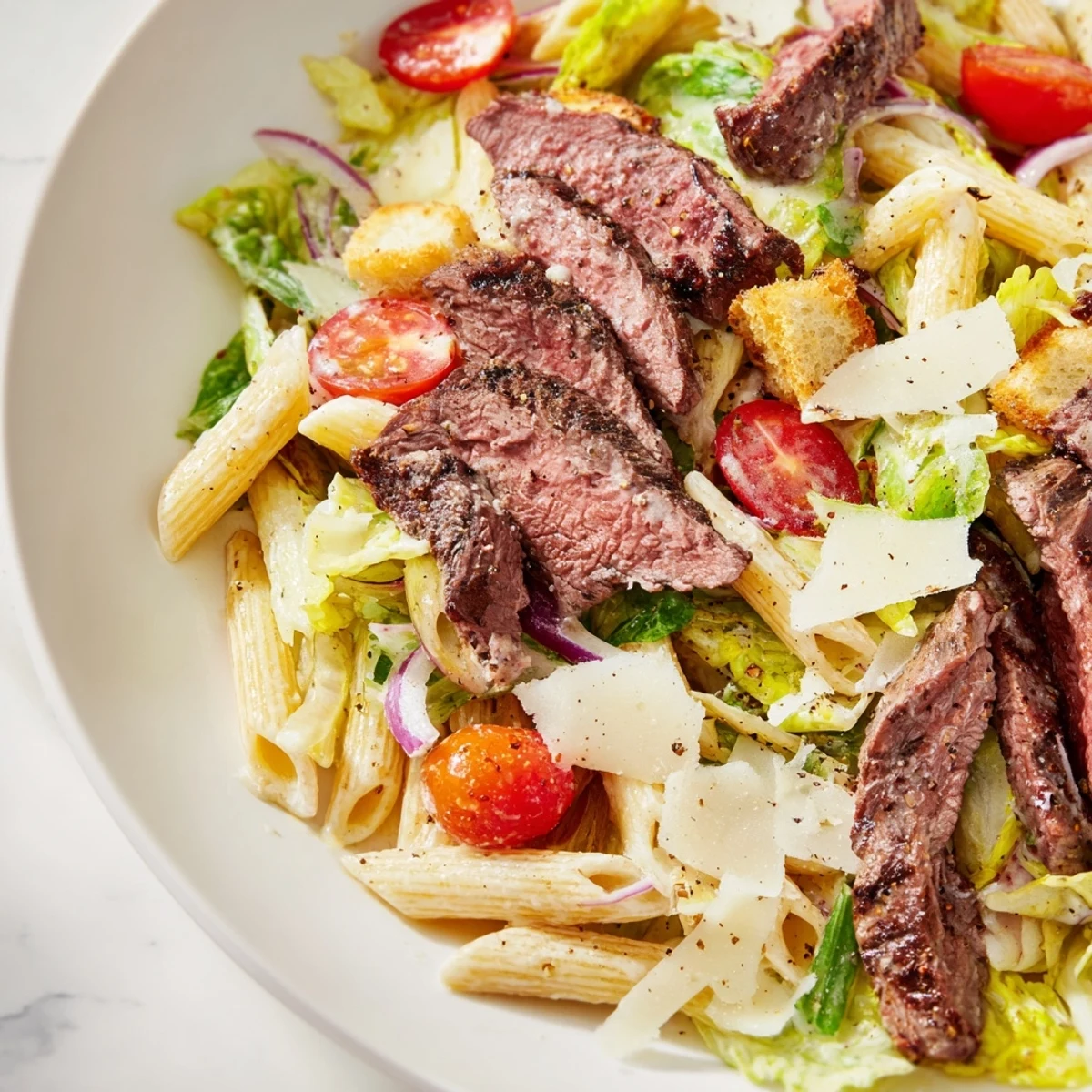 A generous topping of shaved Parmesan and black pepper adds savory flair to this flavorful steak caesar pasta salad on a rustic wooden table.